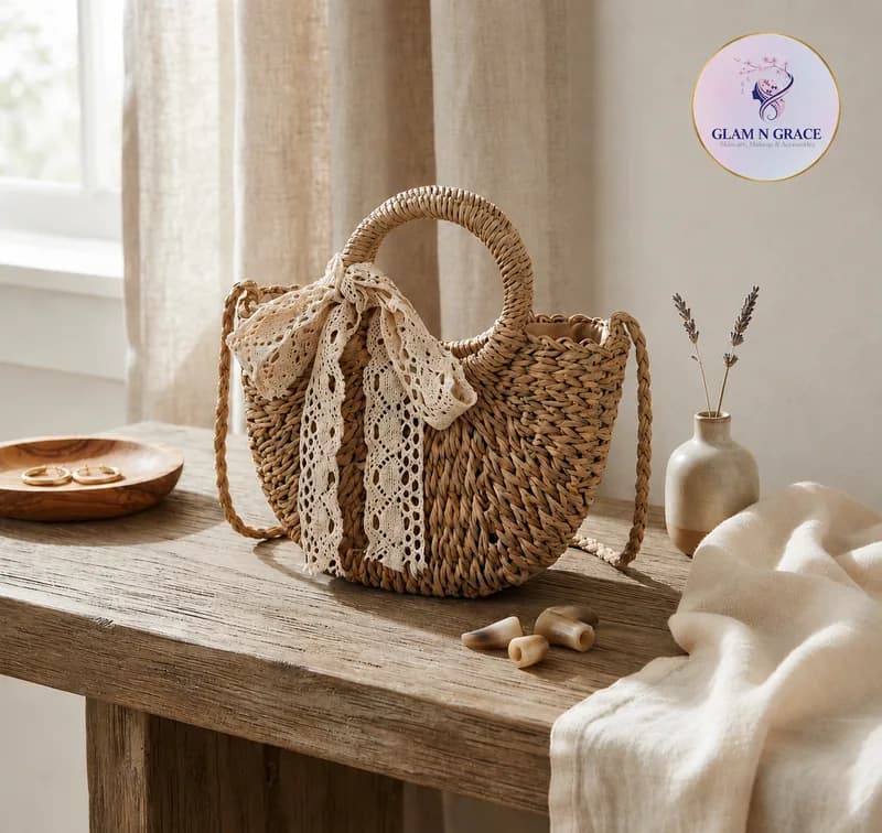 Handwoven Rattan Basket Bag with Lace Trim